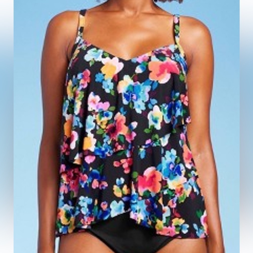 Aqua Green® Women's UPF 50 V-Neck Angled Tiered Tankini Top Multi Floral Print S